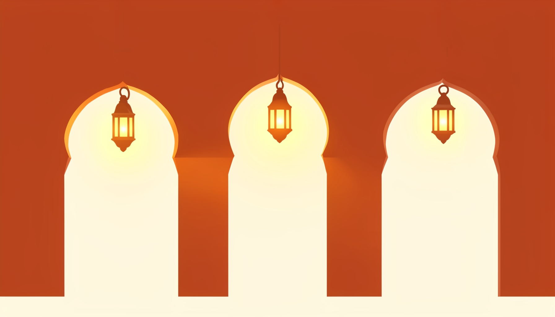 Flat vector illustration of warm terracotta and sand-toned North African archways with hanging lanterns, casting a welcoming amber glow across a cream background
