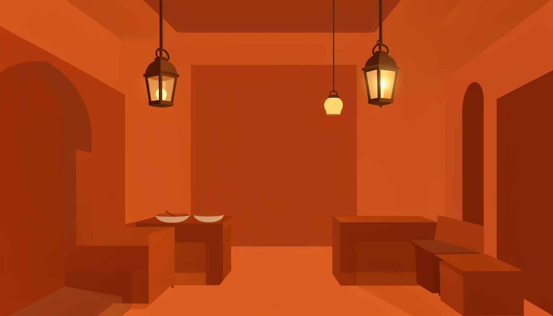 Warm-toned flat vector illustration of a North African marketplace interior with hanging lanterns and rich terracotta walls